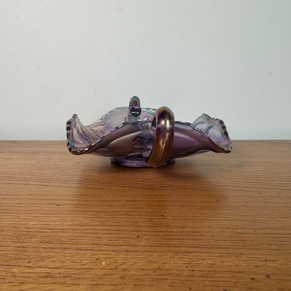 Fenton Iridescent Purple Carnival Glass Candy Dish with Handles Butterfly Rose - Picture 3 of 11